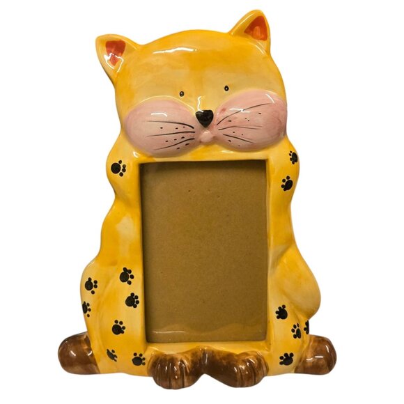 Yellow Cat Ceramic Picture Frame With Paw Print Design Tabby Kitty - Picture 1 of 16